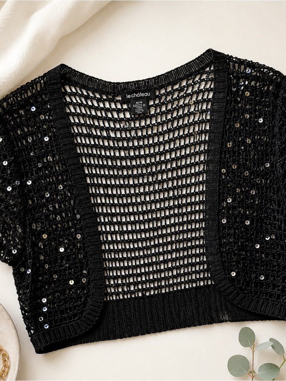Le Château Black Sequin Open Knit Cropped Cardigan Shrug M